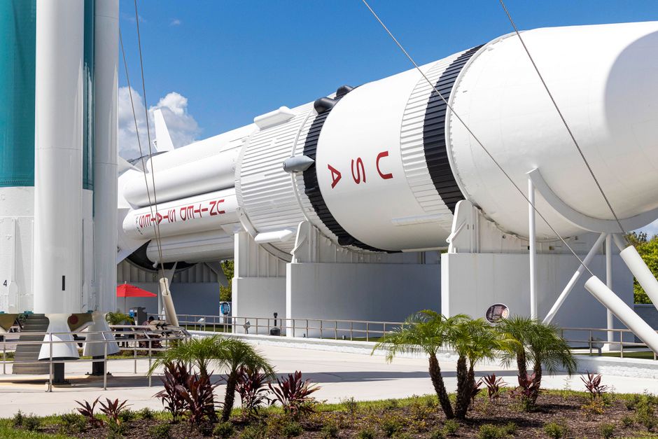Outdoor display of a NASA rocket at Kennedy Space Center showcasing aerospace technology.