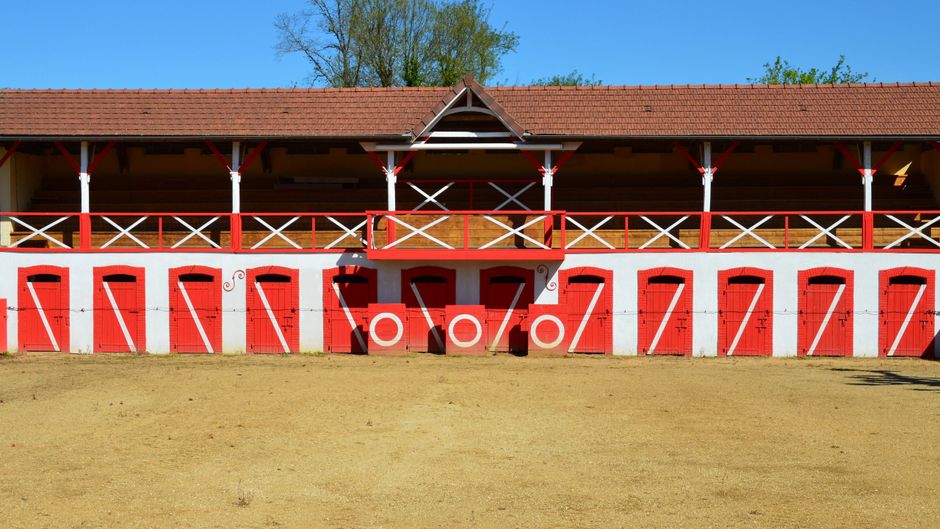 Capture of the vibrant facade of Manciet Arena, Occitanie, France, under bright sunlight.