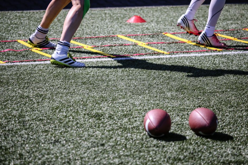 Football players practice agility drills on a sunlit grass field with ladders and balls.