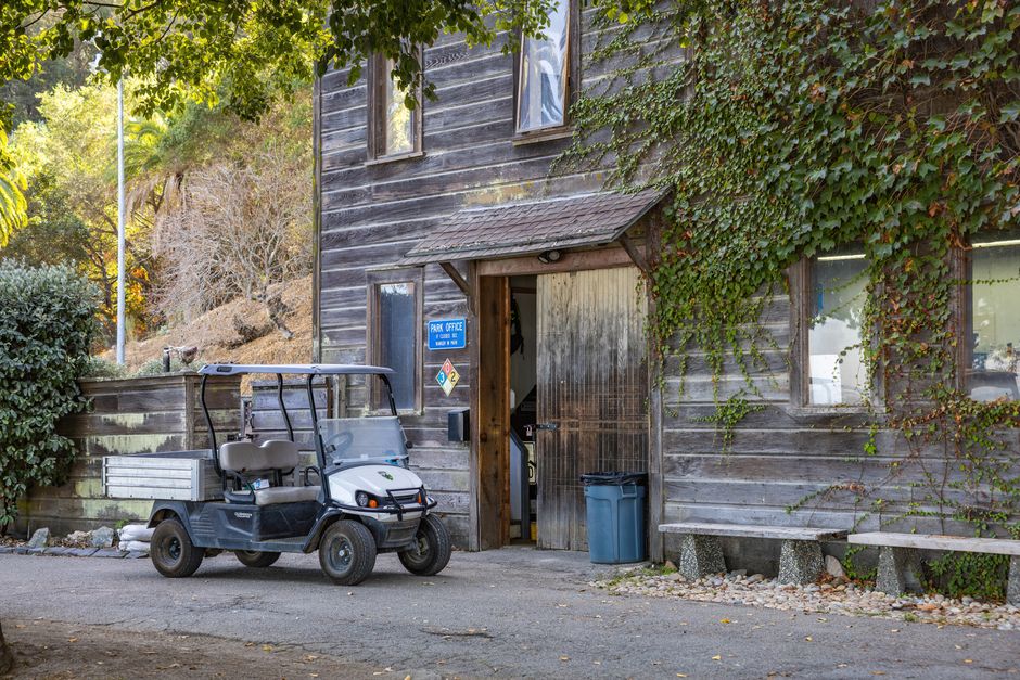 A rustic wooden building exterior with a golf cart parked and ivy covering the walls, during daytime.