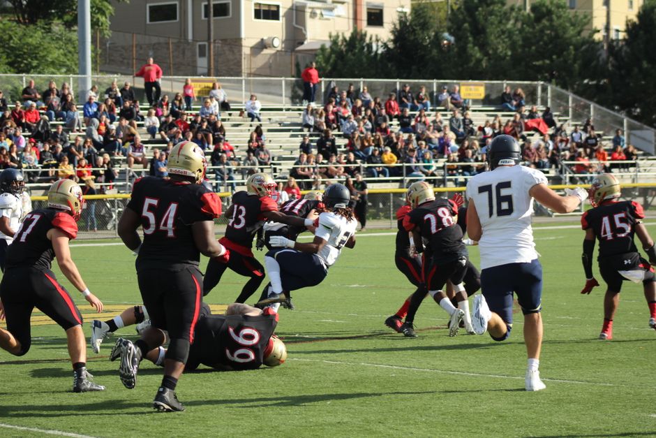 Vibrant capture of a live American football game, depicting players in action with a crowd watching eagerly.