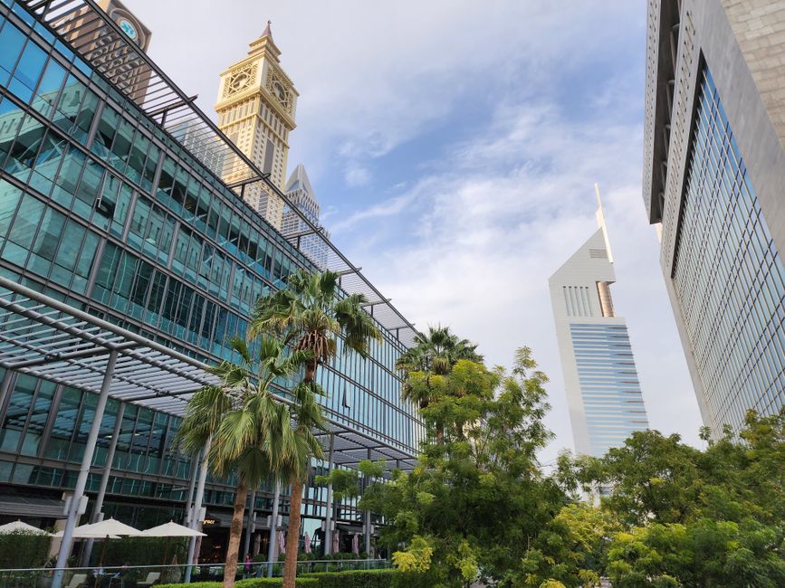 Vibrant urban scene of Dubai featuring modern skyscrapers and palm trees against a clear sky.