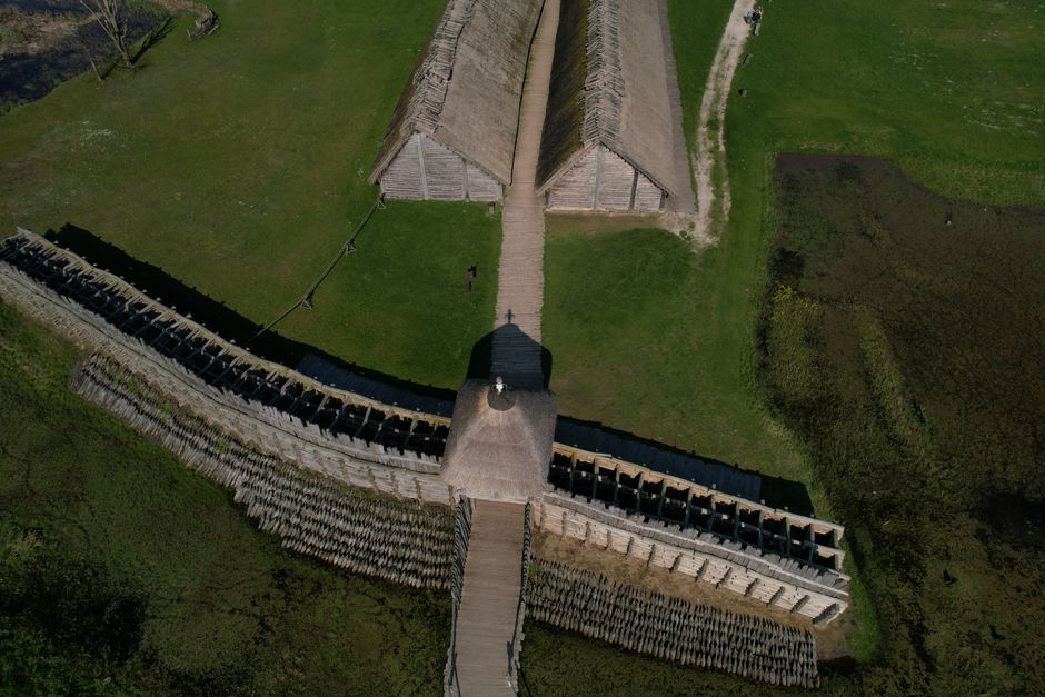 An aerial view of the reconstructed Bronze Age settlement in Biskupin, Poland.