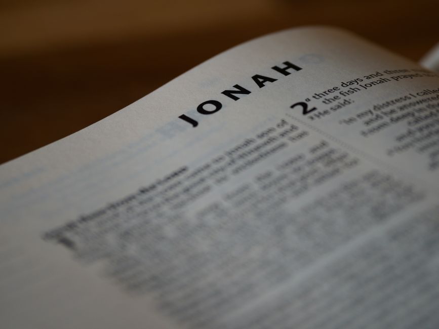 Macro photograph of the Book of Jonah page in a Bible, highlighting text and typography.