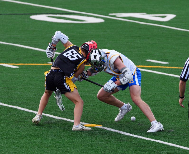 Two lacrosse players face-off intensely on a vibrant green field during a competitive match.