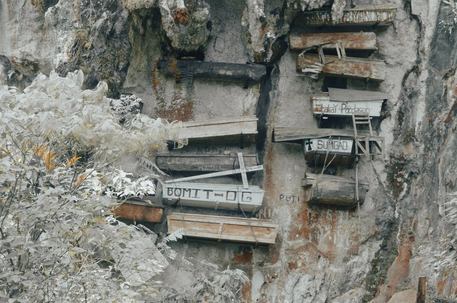 Traditional hanging coffins on a limestone cliff in Sagada, Philippines.