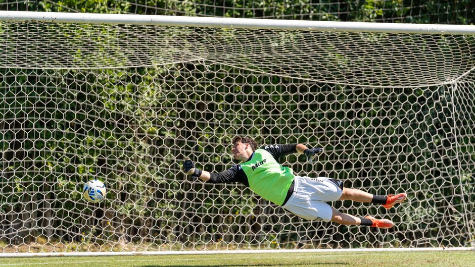 Dynamic action shot of a soccer goalkeeper diving to save a goal during a sunny outdoor match.