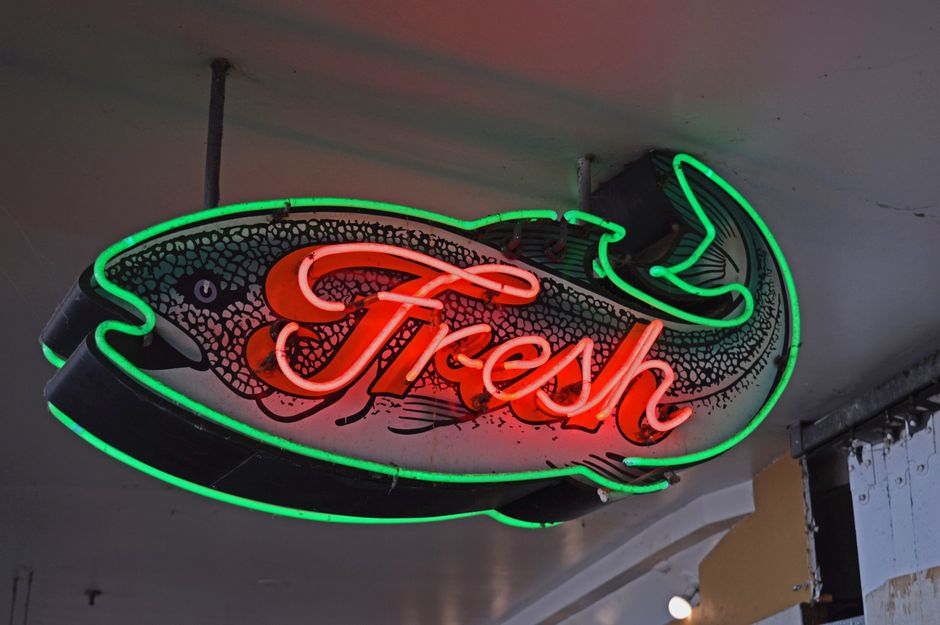 From below of illuminated neon fish shaped signboard with fresh inscription hanging on ceiling
